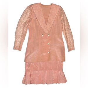 Vintage Peach Pink Lace Pleated Skirt Suit Set with Pearls and Bow Elegant Retro